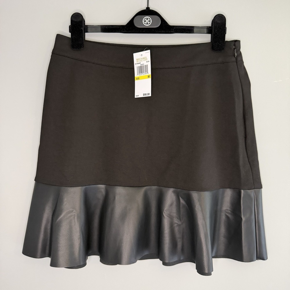 Michael Kors Faux Leather Hem Fit & Flare Ponte Skirt Black M New Grunge Goth